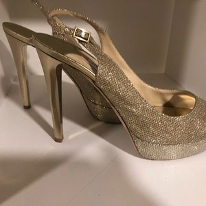Jimmy Choo Nova Glitter Peep-Toe Sling Back Pumps Champagne 39